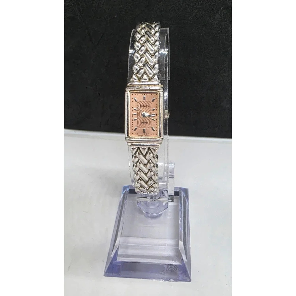 Vintage Elgin Quartz Ladies Watch Pink Dial Silvertone Bracelet Band EL 987